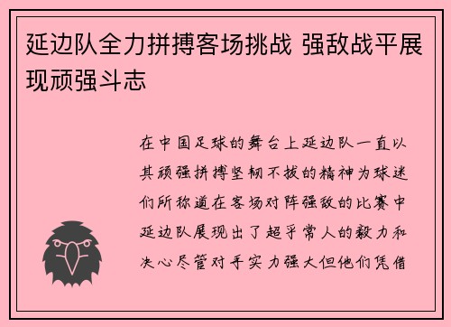 延边队全力拼搏客场挑战 强敌战平展现顽强斗志