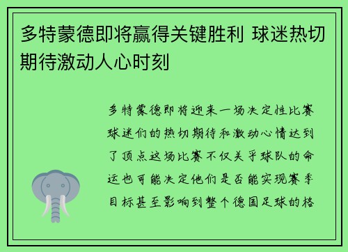 多特蒙德即将赢得关键胜利 球迷热切期待激动人心时刻