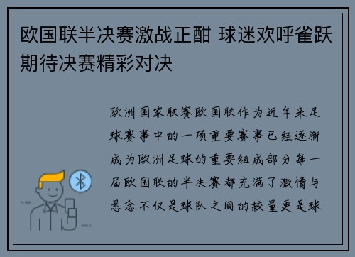 欧国联半决赛激战正酣 球迷欢呼雀跃期待决赛精彩对决