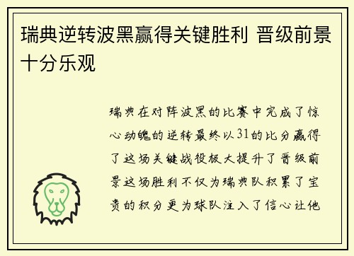 瑞典逆转波黑赢得关键胜利 晋级前景十分乐观