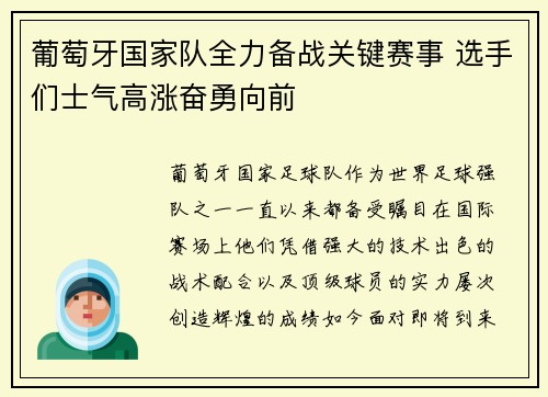 葡萄牙国家队全力备战关键赛事 选手们士气高涨奋勇向前