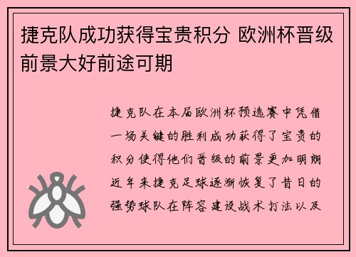 捷克队成功获得宝贵积分 欧洲杯晋级前景大好前途可期